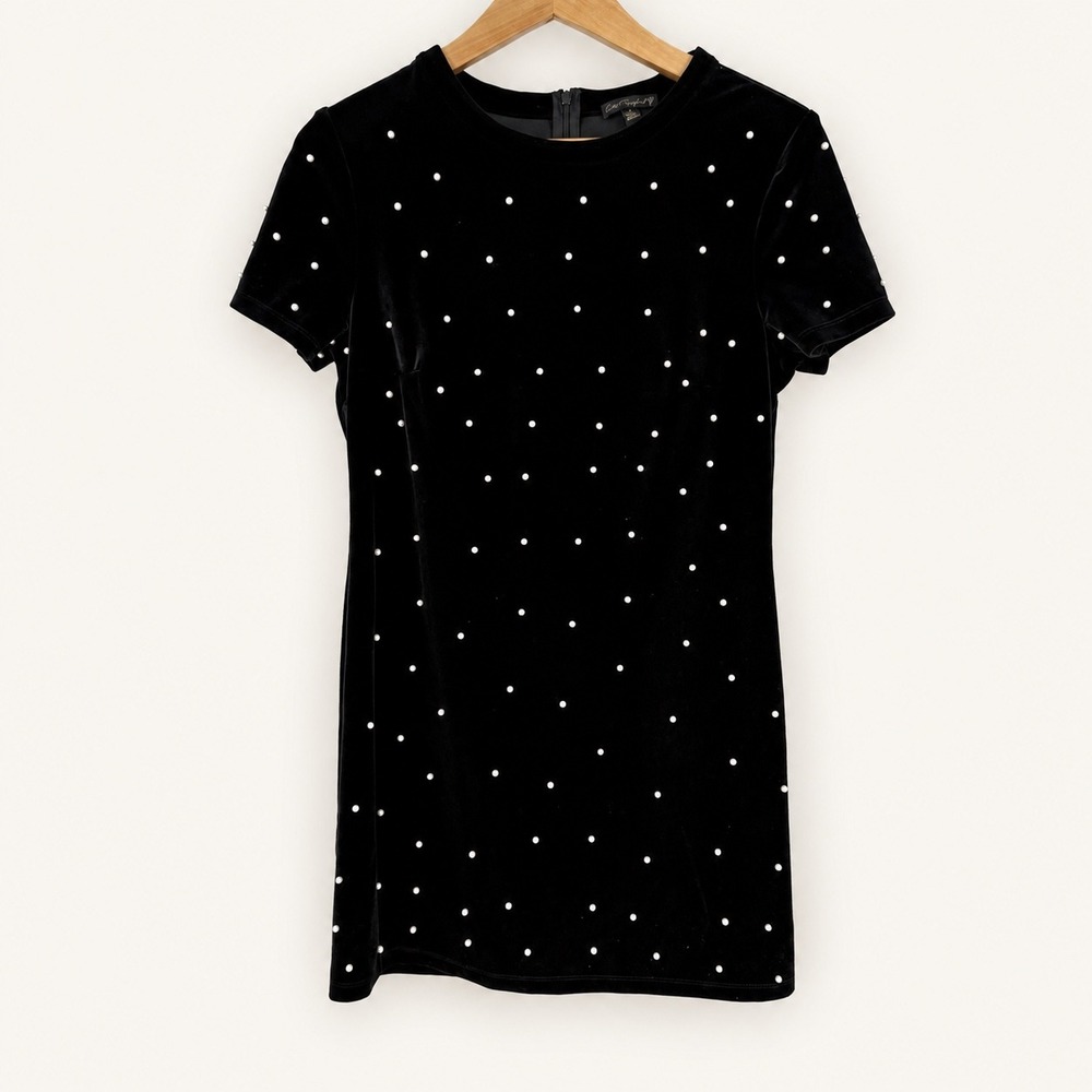Y2K City Triangles Small Black Velvet Pearl Embellished Dress Holiday Dollete